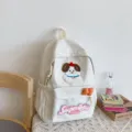 White cute dog canvas backpack casual large capacity school bag with cute bow and puppy patch - White Large