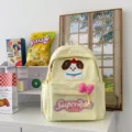 Cute Japanese style canvas backpack with lovely dog embroidery and pink bow, casual large capacity. - Yellow Small