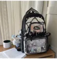 Japanese style black and white ita bag cute transparent backpack with bow and plush pendant - Backpack + Milk Blue Bow Bunny Pendant / Black