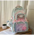 Sweet mint green pastel ita bag with transparent window, bows, and cute plush rabbit pendant. - Backpack + Milk Blue Bow Bunny Pendant / Green