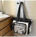 Black and white ita shoulder bag clear window tote with ruffles bow and anime merch bag - Single Shoulder Bag + Milk Blue Bow Bunny Pendant / Black