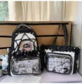 Japanese style sweet black and white clear ita backpack and tote bag set for students - Two-Piece Set + Milk Blue Bow Bunny Pendant / Black