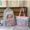 Sweet Japanese style pastel green pink ita bag backpack tote set with clear display window. - Two-Piece Set + Milk Blue Bow Bunny Pendant / Green