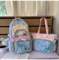 Japanese style sweet pastel ita backpack and tote bag set with clear window and cute bows. - Two-Piece Set + Milk Blue Bow Bunny Pendant / Blue
