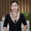 Women knit triangle scarf with camellia flower pattern and magnetic gold ball buckle autumn winter - Khaki