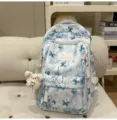 Japanischer Stil süßer Schmetterling Druck lässiger Rucksack mit süßem Plüsch Bär Anhänger. - Mit Anhänger / Blau