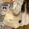 Japanischer Stil Canvas Tragetasche für Damen lässige Umhängetasche mit schicker Stickerei - Khaki (Ohne Anhänger)
