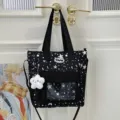 Schwarze Canvas-Tragetasche mit Sternen, japanische College-Schultertasche mit transparenter Tasche. - Mit Anhänger / Schwarz