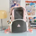 Cute pink and grey color block backpack for women and students, large capacity casual travel bag. - Glasses Dog Pendant / L / Pink