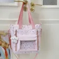 Rosa japanische Umhängetasche mit Sternenmuster und transparenter Fronttasche für Alltag. - Mit Anhänger / Rosa