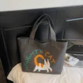 Dark grey canvas tote bag with cute cat print, large capacity casual shoulder bag for women. - No Pendant / Dark Brown