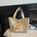 Casual canvas tote bag for women, large capacity shoulder bag with cute cat print daily use. - No Pendant / Beige Gray