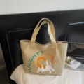 Casual large-capacity canvas tote bag for women, cute cat print autumn new versatile shoulder bag. - No Pendant / Khaki