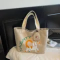 Large capacity canvas tote bag for women, casual cute cat print shoulder bag for daily commute. - With Pendant / Beige Gray