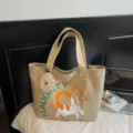 Large capacity canvas tote bag casual retro style shoulder bag with cute cat print. - With Pendant / Khaki