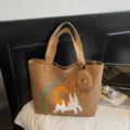 Khaki canvas tote bag, large capacity casual shoulder bag with cute cat print and mini pouch. - With Pendant / Caramel color