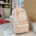 Pink corduroy school backpack with cute lace trim and floral pattern for daily casual travel use - Small Single Bag / Pink