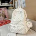 Corduroy school backpack in beige with cute floral print, lace front pocket trim, and fluffy puppy charm. - Large with Pendant / White