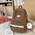 Korean style cute corduroy school backpack for girls with lace and cute puppy pendant. - Large with Pendant / Brown
