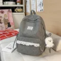 Grey corduroy backpack with sweet floral pattern and cute white lace front pocket detail. - Large with Pendant / Gray