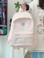 Pink striped backpack casual school bag large capacity stylish daypack for college students - Pink