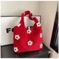Sac cabas en peluche à fleurs style coréen sac à bandoulière duveteux mignon pour femme - Motif Floral Rouge