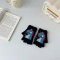 Detailed shot of cute cartoon dinosaur kids knit half-finger flip gloves cozy winter wear. - 4-10 Years / Black