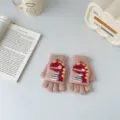 Close-up of cute pink knit half-finger flip-cover gloves with dinosaur cartoon pattern. - 4-10 Years / Khaki