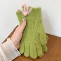 Women green knitted gloves winter warm cute rabbit ear fleece lined touch screen product detail - One Size / Green