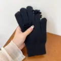 Women winter knit warm gloves detail display, solid black wool with sweet velvet bows. - One Size / Black