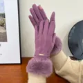 Close-up detail of winter women purple thermal gloves with soft fluffy faux fur cuffs. - One Size / Purple