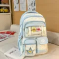 Sac à dos d'étudiant mignon à pois style japonais avec poche avant transparente pour usage quotidien. - Étoile et Os / Bleu
