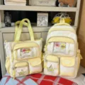 Sac à dos et fourre-tout en toile à pois jaunes style ins japonais avec poche transparente. - Ensemble Deux Pièces Os Étoile / Jaune