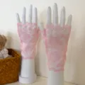 Guanti corti in pizzo rosa guanti floreali a mezze dita donna estate elegante decorazione costume - Taglia unica / Rosa / Rosa