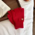 Korean style dopamine solid color knitted touchscreen gloves with cute embroidered bear design - One Size / Red