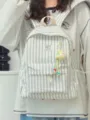 Detailed view of the stylish striped backpack featuring a cute plush pendant and roomy design. - With Pendant / Gray