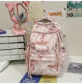 Pink bamboo leaf print student backpack, large capacity multi-pocket travel daypack. - No Pendant / Red