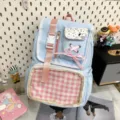 Cute Japanese ACG pain backpack light blue student school bag with pink grid pocket - Blue