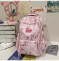 Pink bamboo print student backpack with large capacity and multi pockets for casual daily use. - No Pendant / Pink