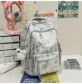 Large capacity grey bamboo print canvas student school backpack with multi pockets - Hanging Charm Style / Gray