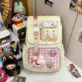 Cute Japanese ita backpack canvas school bag with transparent window and pink straps - Badge and Charm / Yellow