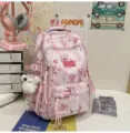 Pink bamboo print backpack with multi-pockets large capacity casual school book bag for daily use. - Hanging Charm Style / Pink