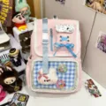 Pink Japanese ita backpack cute canvas school bag with clear window and plush toy kawaii - Badge and Charm / Pink