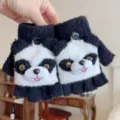Cute winter warm half-finger gloves for kids, black and white plush design with puppy. - 6-13 Years / Half Finger Gloves / Black