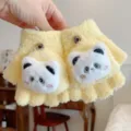 Guantes de felpa amarillos de medio dedo con bonito panda, accesorios de invierno cálidos. - 7-15 Años / Amarillo