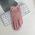 Women winter touchscreen warm gloves pink velvet bow design thick full finger outdoor riding - One Size / Pink
