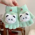 Lindos guantes de felpa panda sin dedos abatibles invierno cálidos verdes gruesos - 7-15 Años / Verde