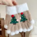 Detailed view of winter knit gloves with cute Christmas tree design and plush cuffs. - Adult [Two-Finger Touchscreen] / Khaki