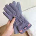 Women winter warm touchscreen gloves, fleece lined windproof cycling thermal gloves with sweet pink bow. - One Size / Gray