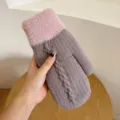 Detailed view of cozy winter knitted mittens with plush pink cuffs and warm lining. - One Size / Purple